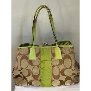Coach Authenticated Signature Green Stripe Carryall Purse Handbag F13533